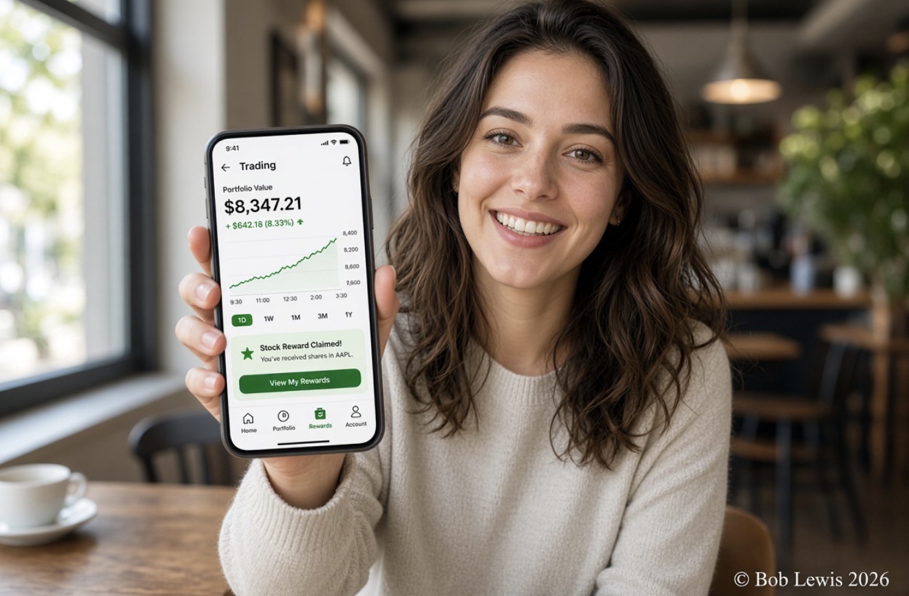 Smiling woman holding phone showing stock trading app with green portfolio gains and stock reward claimed